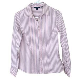 Boden Ruffle Front Button Up Shirt Long Sleeve Blouse Pink Striped Size 10 US 6